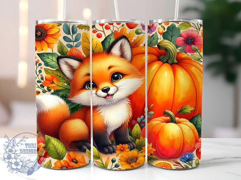 Fox Fall 20oz Skinny Tumbler PNG, Autumn Pumpkins Flowers Tumbler Sublimation Wrap, Straight & Tapered Tumbler Wrap, Instant Digital Download Sublimation ToriDesigns 