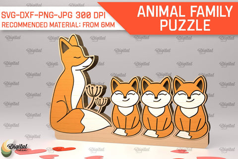 Fox Family Puzzle Laser Cut. Animals Puzzle SVG SVG Evgenyia Guschina 