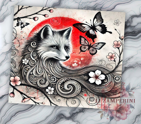 Fox Floral Japanese Art Kawaii 20oz Tumbler Wrap, Animal Lover Gift, Kawaii Fox, Sublimation Tumbler Sublimation Li Zamperini 