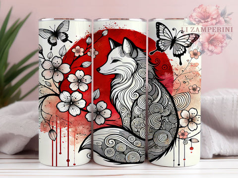 Fox Floral Japanese Art Kawaii 20oz Tumbler Wrap, Animal Lover Gift, Kawaii Fox, Sublimation Tumbler Sublimation Li Zamperini 