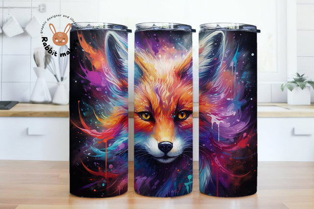 Fox & Starry Night Sky Design, Fox 20 oz Skinny Straight Tumbler Sublimation Design, colorful fox looking up at the sky with stars PNG Digital Download Sublimation Rabbitmakies 