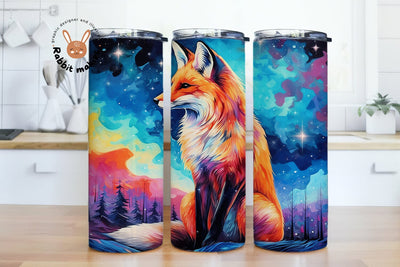 Fox & Starry Night Sky Design, Fox 20 oz Skinny Straight Tumbler Sublimation Design, colorful fox looking up at the sky with stars PNG Digital Download Sublimation Rabbitmakies 