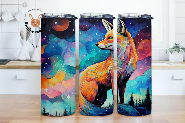 Fox & Starry Night Sky Design, Fox 20 oz Skinny Straight Tumbler Sublimation Design, colorful fox looking up at the sky with stars PNG Digital Download Sublimation Rabbitmakies 