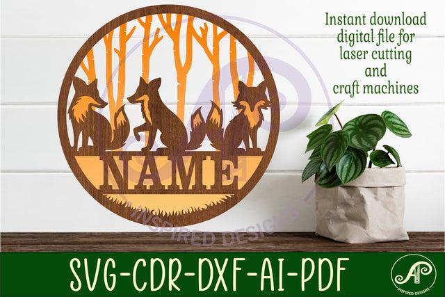 Fox two layer name sign svg laser cut template SVG APInspireddesigns 