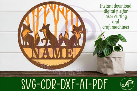 Fox two layer name sign svg laser cut template SVG APInspireddesigns 