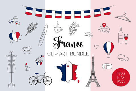 France Clip Art Bundle | PNG Doodle Clipart Elements | French Clip Art Bundle | National Symbols Drawings | Eiffel Tower Flags Food SVG AnnaViolet_store 