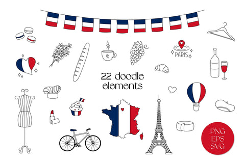 France Clip Art Bundle | PNG Doodle Clipart Elements | French Clip Art Bundle | National Symbols Drawings | Eiffel Tower Flags Food SVG AnnaViolet_store 