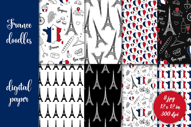 France Digital Paper | JPG Doodle French Patterns Collection for Scrapbooking, Craft, Designs | Eiffel Tower, Flag and other National Symbol Digital Pattern AnnaViolet_store 