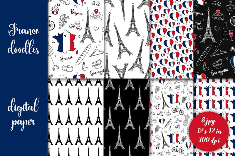 France Digital Paper | JPG Doodle French Patterns Collection for Scrapbooking, Craft, Designs | Eiffel Tower, Flag and other National Symbol Digital Pattern AnnaViolet_store 