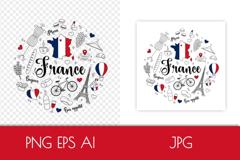 France Sublimation PNG | French National Symbols Print, Round Design for T-Shirts, Posters, Home Decor | Doodle Elements | Digital Download Sublimation AnnaViolet_store 