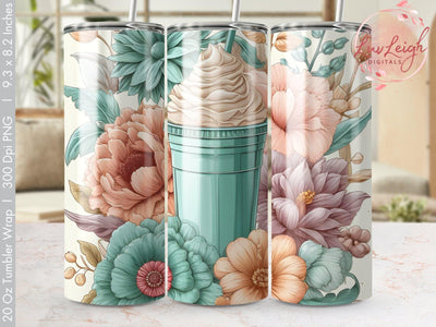 Frappe & Flowers Tumbler wrap Sublimation PNG Sublimation Luvleigh Digitals 