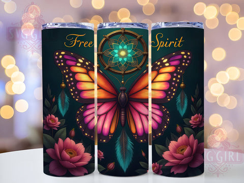 Free Spirit Butterfly 20oz Tumbler, Butterfly Dreamcatcher, 20oz Sublimation, Bohemian Drinkware, Custom Tumbler Wrap, Unique Gift, Colorful Tumbler Sublimation SvggirlplusArt 