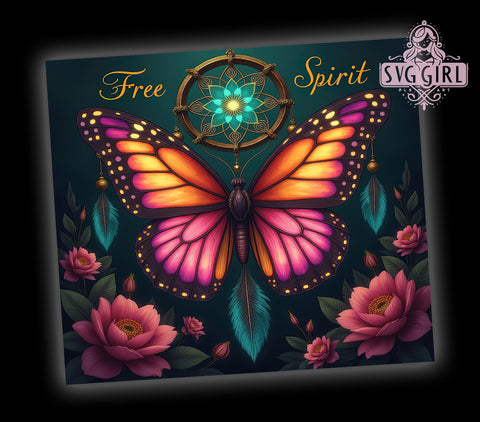 Free Spirit Butterfly 20oz Tumbler, Butterfly Dreamcatcher, 20oz Sublimation, Bohemian Drinkware, Custom Tumbler Wrap, Unique Gift, Colorful Tumbler Sublimation SvggirlplusArt 