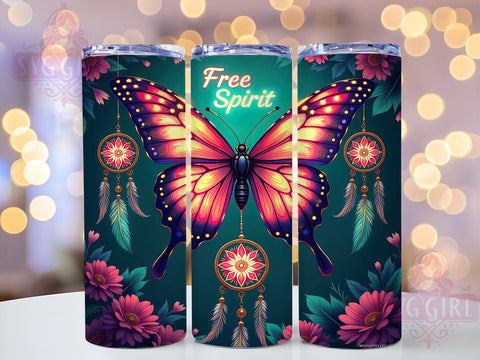 Free Spirit Butterfly 20oz Tumbler, Butterfly Dreamcatcher, 20oz Sublimation, Bohemian Drinkware, Custom Tumbler Wrap, Unique Gift, Colorful Tumbler Sublimation SvggirlplusArt 