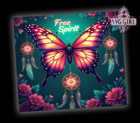 Free Spirit Butterfly 20oz Tumbler, Butterfly Dreamcatcher, 20oz Sublimation, Bohemian Drinkware, Custom Tumbler Wrap, Unique Gift, Colorful Tumbler Sublimation SvggirlplusArt 