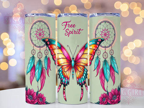 Free Spirit Butterfly 20oz Tumbler, Butterfly Dreamcatcher, 20oz Sublimation, Bohemian Drinkware, Custom Tumbler Wrap, Unique Gift, Colorful Tumbler Sublimation SvggirlplusArt 