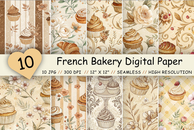 French Bakery Digital Paper Pack, Vintage Pastry Floral Seamless Patterns, Printable Crafts Digital Pattern FloridPrintables 