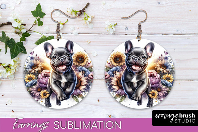 French Bulldog Earrings - Dog Mom Floral Round Earring Sublimation Sublimation OrangeBrushStudio 