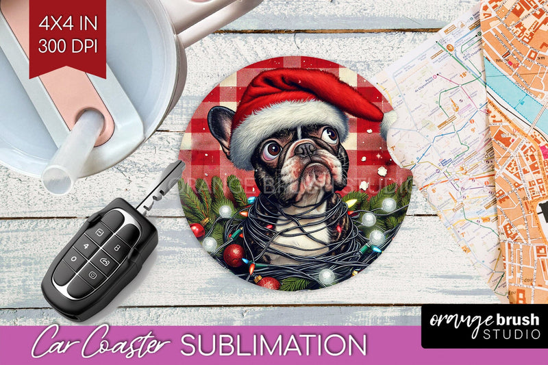 French Bulldog Funny Christmas Dog Car Coaster Sublimation OrangeBrushStudio 