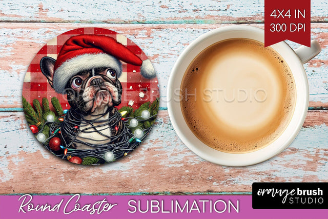 French Bulldog Funny Christmas Dog Round Coaster Sublimation OrangeBrushStudio 