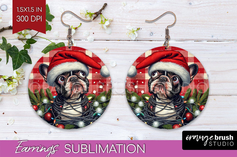 French Bulldog Funny Christmas Dog Round Earrings Sublimation OrangeBrushStudio 
