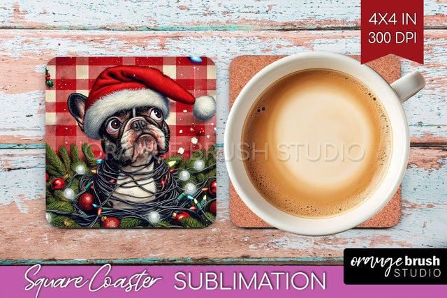 French Bulldog Funny Christmas Dog Square Coaster Sublimation OrangeBrushStudio 