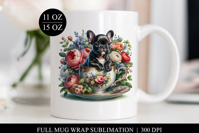French Bulldog in Teacup Mug Design, Floral Puppy Illustration Sublimation BijouBay 