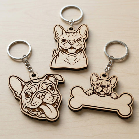French Bulldog Keychain SVG Bundle, Laser Cut Dog Keyring Files, Frenchie Wood Engraving Design, DXF Eps Svg for Glowforge CNC SVG HappyDesignStudio 