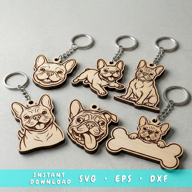 French Bulldog Keychain SVG Bundle, Laser Cut Dog Keyring Files, Frenchie Wood Engraving Design, DXF Eps Svg for Glowforge CNC SVG HappyDesignStudio 