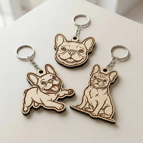 French Bulldog Keychain SVG Bundle, Laser Cut Dog Keyring Files, Frenchie Wood Engraving Design, DXF Eps Svg for Glowforge CNC SVG HappyDesignStudio 