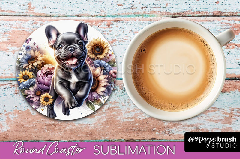 French Bulldog Round Coaster - Dog Mom Floral Coaster Sublimation Sublimation OrangeBrushStudio 