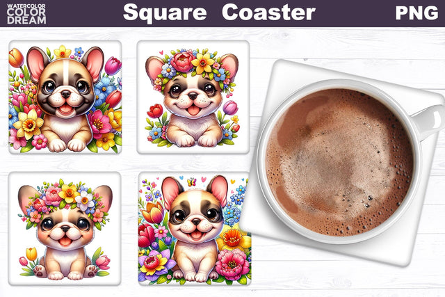 French Bulldog Square Coaster | Dog Flowers Square Coaster Sublimation WatercolorColorDream 