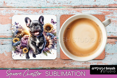 French Bulldog Square Coaster - Dog Mom Floral Coaster Sublimation Sublimation OrangeBrushStudio 