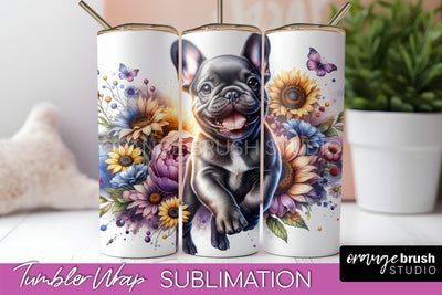 French Bulldog Tumbler Wrap - Dog Mom Floral Tumbler Sublimation Sublimation OrangeBrushStudio 