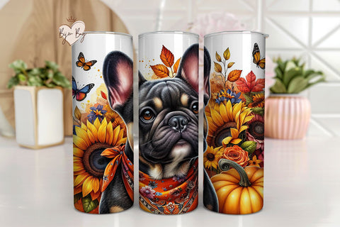 French Bulldog Tumbler Wrap, Sunflower Pumpkin Design PNG Sublimation BijouBay 