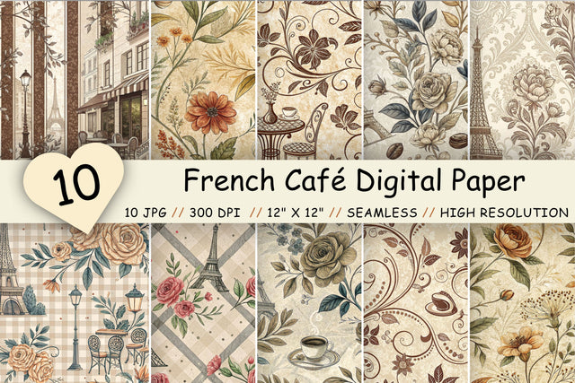 French Café Digital Paper Pack, Parisian Seamless Patterns, Scrapbooking & Printable Crafts Digital Pattern FloridPrintables 
