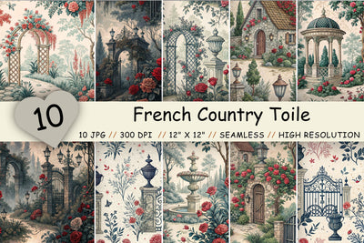 French Country Toile Bundle Paper, Seamless Digital Paper Pack, Printable Scrapbook Paper, Red, Blue, Black, Pink Toile Design Collection Digital Pattern FloridPrintables 