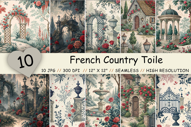 French Country Toile Bundle Paper, Seamless Digital Paper Pack, Printable Scrapbook Paper, Red, Blue, Black, Pink Toile Design Collection Digital Pattern FloridPrintables 