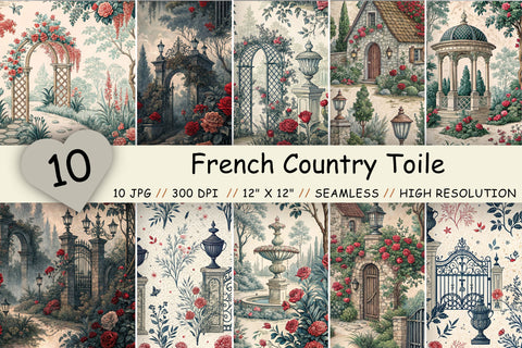 French Country Toile Bundle Paper, Seamless Digital Paper Pack, Printable Scrapbook Paper, Red, Blue, Black, Pink Toile Design Collection Digital Pattern FloridPrintables 