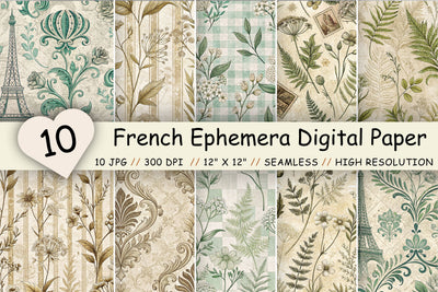 French Ephemera Digital Paper Pack, Vintage Botanical Seamless Designs, Scrapbooking & Printable Crafts Digital Pattern FloridPrintables 
