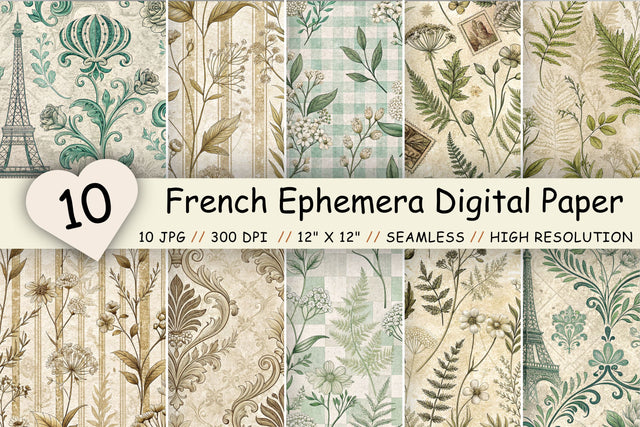 French Ephemera Digital Paper Pack, Vintage Botanical Seamless Designs, Scrapbooking & Printable Crafts Digital Pattern FloridPrintables 