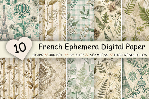 French Ephemera Digital Paper Pack, Vintage Botanical Seamless Designs, Scrapbooking & Printable Crafts Digital Pattern FloridPrintables 