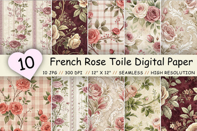 French Rose Toile Digital Paper Pack, Vintage Floral Toile, Gingham & Stripe Seamless Patterns, Wedding, Scrapbooking & Printable Crafts Digital Pattern FloridPrintables 