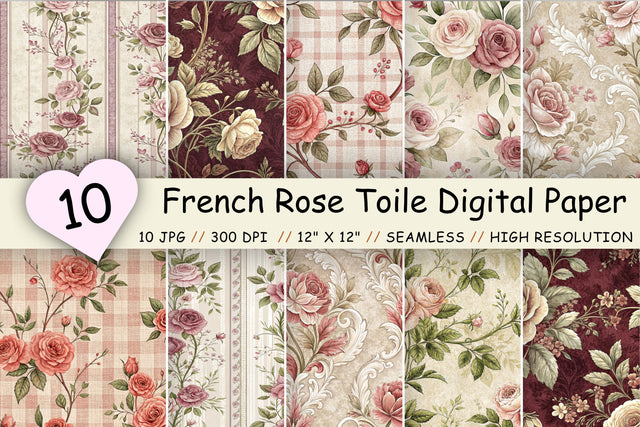 French Rose Toile Digital Paper Pack, Vintage Floral Toile, Gingham & Stripe Seamless Patterns, Wedding, Scrapbooking & Printable Crafts Digital Pattern FloridPrintables 