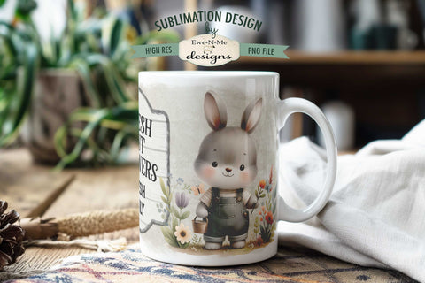 Fresh Cut Flowers Bunny in Overalls | Spring Sublimation Mug PNG Sublimation Ewe-N-Me Designs 