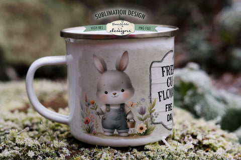 Fresh Cut Flowers Bunny in Overalls | Spring Sublimation Mug PNG Sublimation Ewe-N-Me Designs 