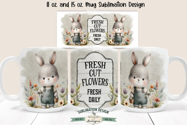 Fresh Cut Flowers Bunny in Overalls | Spring Sublimation Mug PNG Sublimation Ewe-N-Me Designs 