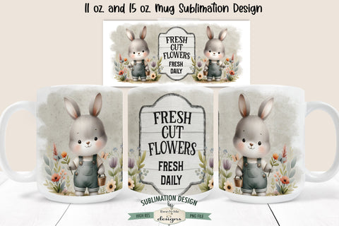 Fresh Cut Flowers Bunny in Overalls | Spring Sublimation Mug PNG Sublimation Ewe-N-Me Designs 