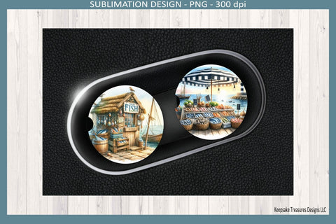 Fresh Fish Car Coasters Sublimation PNG | Coastal Fisherman Market Car Coaster Design | Nautical Car Accessories | Father's Day Gift | Instant Download Sublimation Keepsake Treasures Designs LLC. 