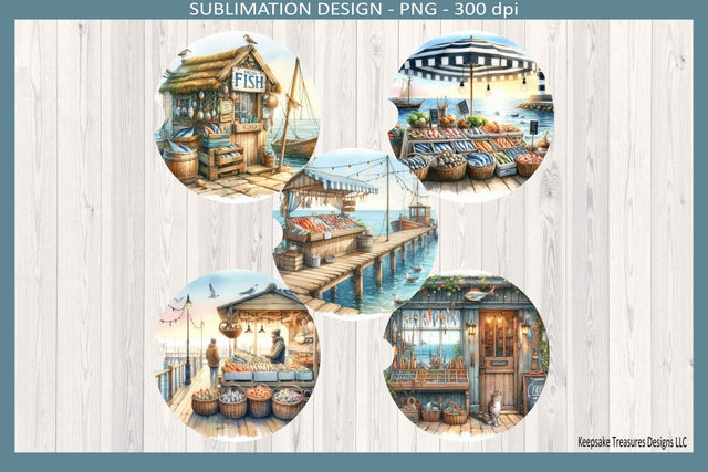 Fresh Fish Car Coasters Sublimation PNG | Coastal Fisherman Market Car Coaster Design | Nautical Car Accessories | Father's Day Gift | Instant Download Sublimation Keepsake Treasures Designs LLC. 